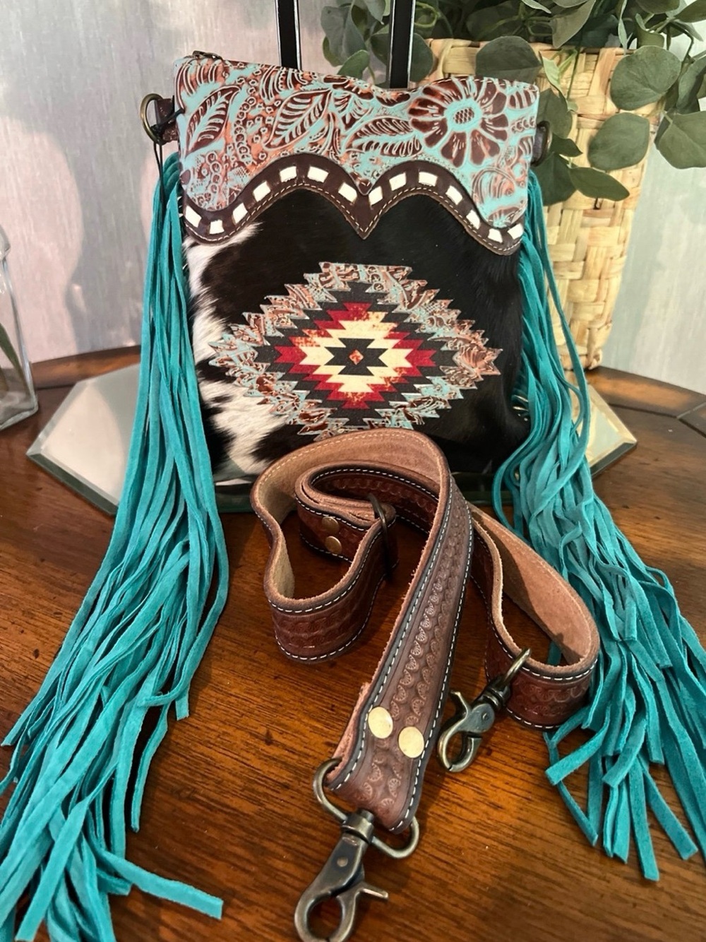 Myra Bag Turquoise Fringe Western Crossbody Bag with Aztec Accent